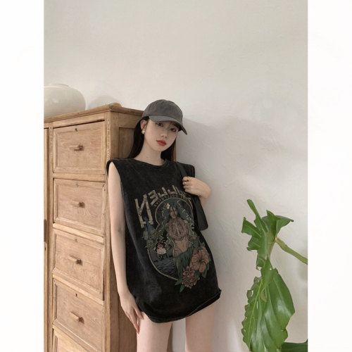 Washed cotton American sleeveless vest T-shirt sweet cool style sports loose mid-length top