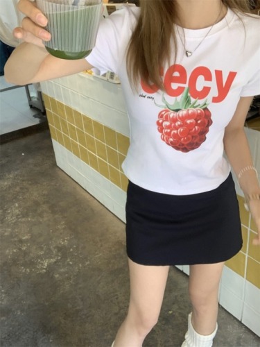 实拍~韩系鬼马少女树莓水果印花短款正肩T恤上衣