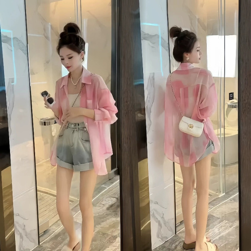 Dopamine pink mid-length sun protection clothing for women 2024 summer new style loose slimming thin style shirt jacket
