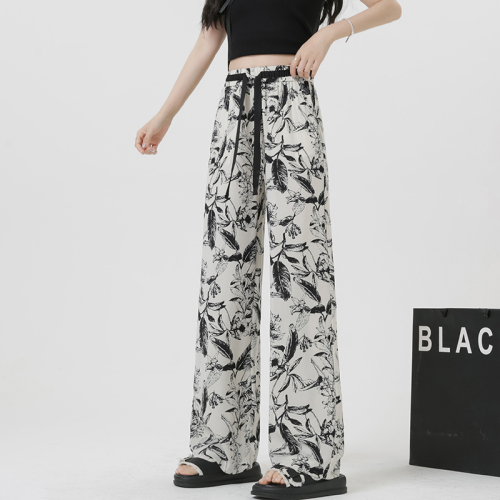 Real shot 9774 printed casual pants for women summer thin 2024 ink ice silk wide leg narrow version straight pants