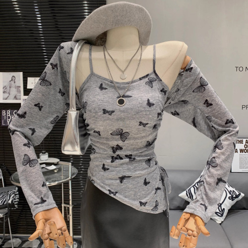 With chest pad - 2024 spring and summer new Korean style temperament printed butterfly cardigan suspender slim long-sleeved T-shirt two-piece set