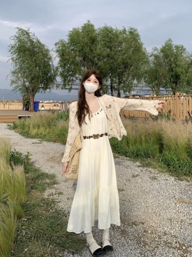 Real shot 2024 new summer super fairy skirt loose pleated hem suspender dress + lace hollow sun protection cardigan