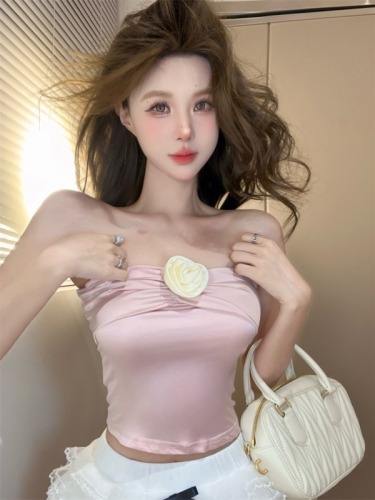 #realshot# Three-dimensional flower design tube top, pure desire girl romance, new style of versatile pink vest