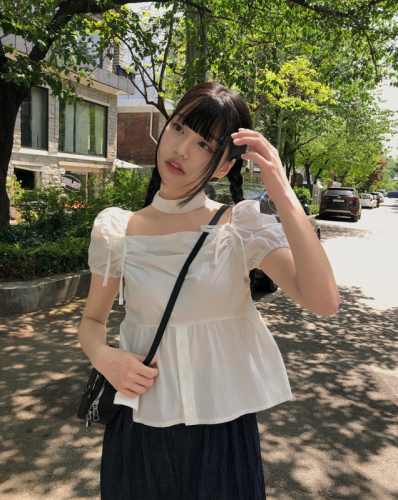 Korean chic summer temperament square collar collar shirring lace-up single-breasted short-sleeved shirt for women