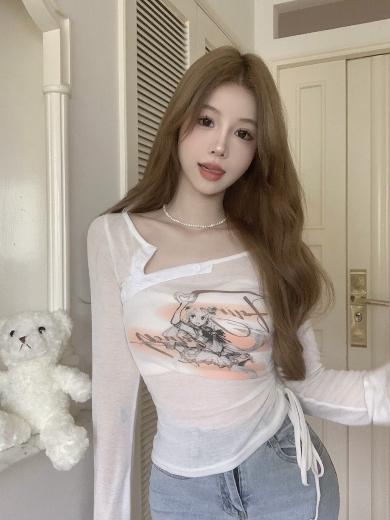Actual shot of pure desire design printed drawstring strap long-sleeved sun protection blouse bell-sleeved top t-shirt