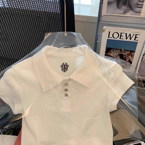 2024新款小众设计感polo领白色短袖t恤女夏法式甜辣风上衣超好看