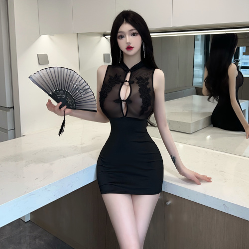 Real shot ~ see-through splicing hot girl sexy shy cumshot covering buttocks sleeveless Chinese retro cheongsam dress female