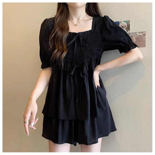 Official photo Summer short-sleeved suit women's shirt + shorts design bow square neck elastic waist top two-piece set