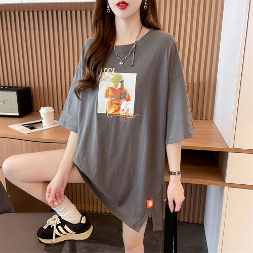 First real shot quality/pure cotton/back collar/mid-length loose heavy industry slit embroidered T-shirt