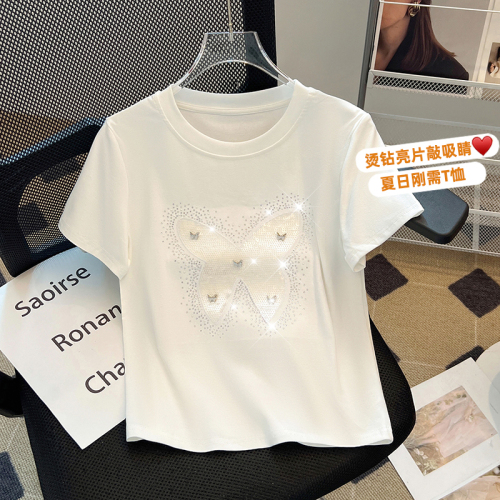 国风短袖t恤女2024新款夏季蝴蝶珠片刺绣白色重工立体设计感上衣