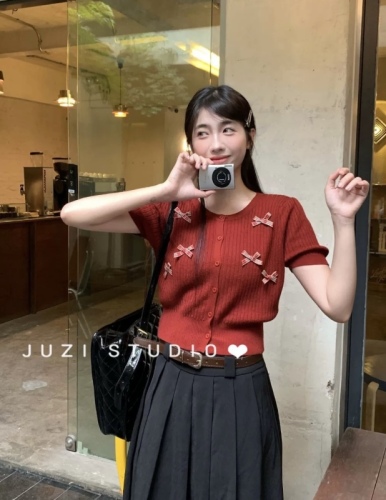 JUZI 甜美蝴蝶结薄款短袖针织开衫女2024夏季短款小个子修身上衣