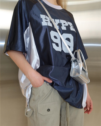 韩国夏季 复古球衣风字母印花撞色光泽短袖撞色T恤凉爽运动上衣