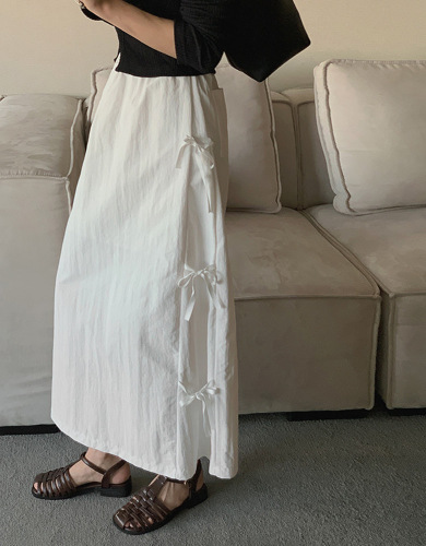 Korean chic design bow tie skirt women's mid-length slit long skirt