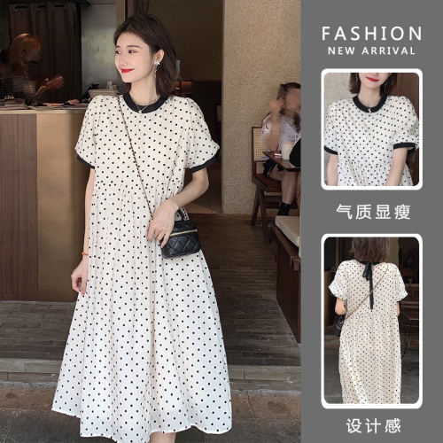Korean chic summer large size retro cute versatile elegant black and white polka dot lace loose dress long skirt for women