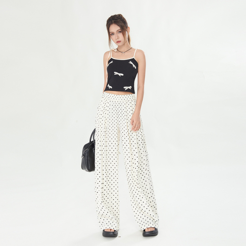 Real shot of 2024 summer new high-waisted loose casual pants for women with wide legs and drapey polka-dot Yamamoto pants