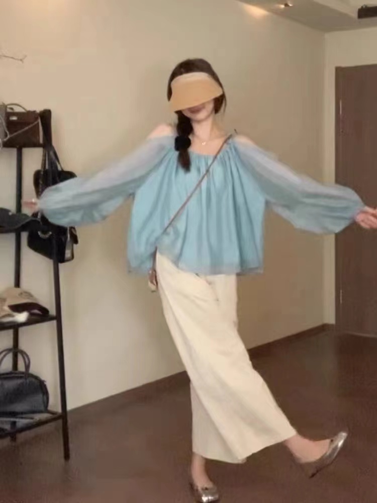 Wu 77 white mint blue off-shoulder lazy suspender top thin loose lantern sleeve sun protection beautiful little shirt for women summer