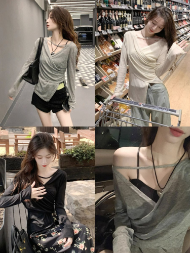 Design sense niche V-neck irregular cross long-sleeved T-shirt women's spring 2024 new apricot color slim sun protection top