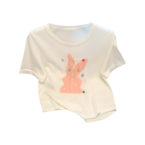 实拍设计感小兔子刺绣t恤女短袖夏季小众短款上衣薄款冰丝针织衫