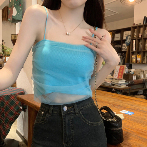 Photographed New Version Korean Style Design Net Two-Layer Tank Top with Straps