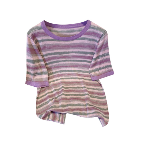 实拍 温柔风彩虹条纹圆领短袖冰丝针织衫女夏季设计感软糯T恤上衣