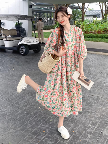 2024 Spring and Summer New Style Retro Age-Reducing Floral Dress Women's Loose, Western Style Slim Casual Long Dress