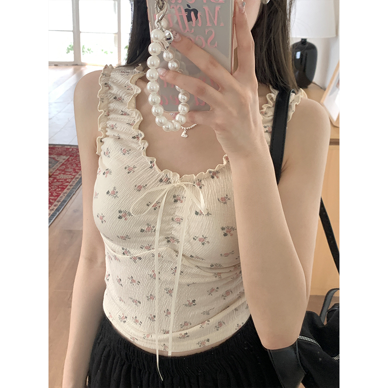 Real shot of French fungus-style pleated lace-up vest for women's new design floral sleeveless top