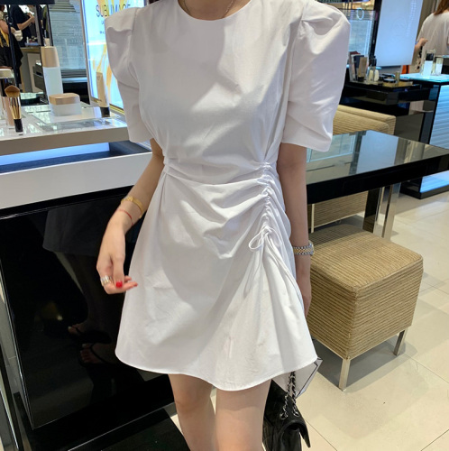 Original drawstring pleated short-sleeved slim fit dress with lining