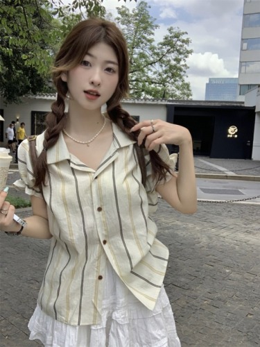 实拍 夏季新款韩系简约净色竖条纹百搭减龄飞飞袖短袖衬衫女
