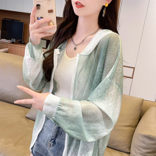 First real shot of 100 polyester ice silk sun protection clothing summer nano silk loose breathable thin cardigan hooded jacket for women