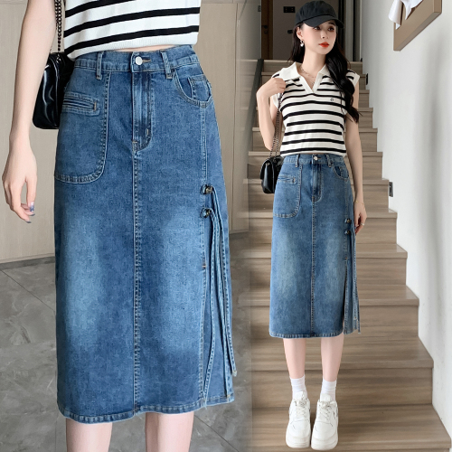 Actual shot of new summer large size elastic elastic waist thin denim skirt for fat girls casual mid-length A-line skirt