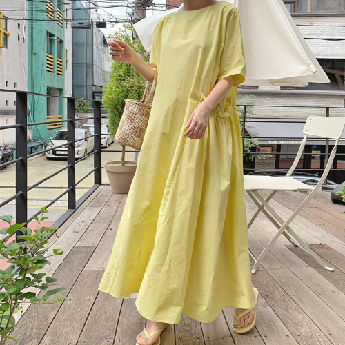 Summer new style Korean style loose slimming short-sleeved yellow large size dress women's casual temperament A-line long skirt