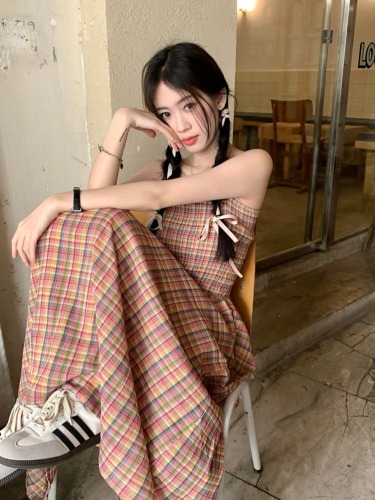 Retro plaid suspender dress women's summer French waist slimming A-line sleeveless long skirt