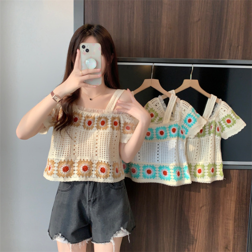 Bohemian resort style hollow lace off-shoulder sweater for women with summer design and sweet short suspender top