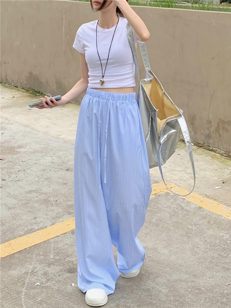 Photographed Blue Oxygen Vertical Striped High-Waisted Loose Walking Straight Leg Pants