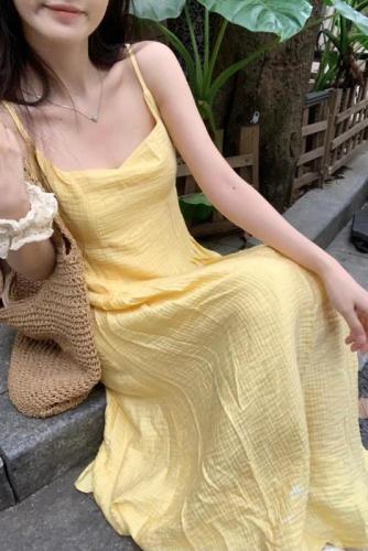 实拍 法式黄色收腰显瘦气质吊带连衣裙