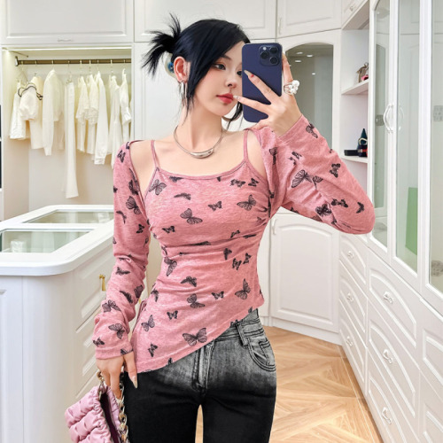 With chest pad - 2024 spring and summer new Korean style temperament printed butterfly cardigan suspender slim long-sleeved T-shirt two-piece set