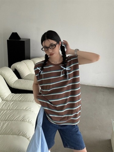 Actual shot~New striped hollow mid-length T-shirt with beautiful back