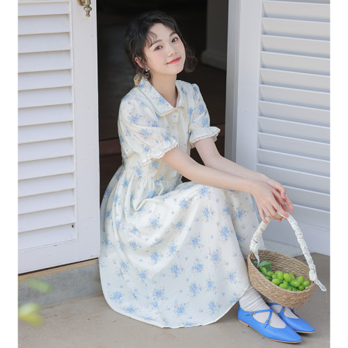 Actual shot of floral dress 2024 new summer Japanese style fresh and gentle style doll collar puff sleeve waist skirt