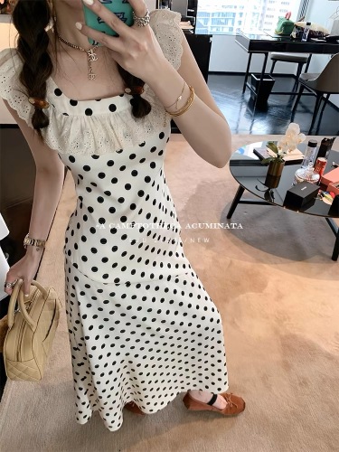 LUU Tao Xi'er/polka-dot satin dress French style slim sleeveless long dress design niche women's summer