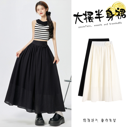 Real shot of flower cotton and linen skirt for women in summer 2024 new high-waisted, slim and drapey A-line mid-length skirt with large hem