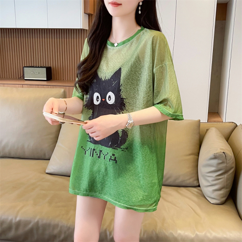 First real shot of 100 polyester ice silk sun protection clothing summer nano silk T-shirt female Internet celebrity ins trend super hot versatile top