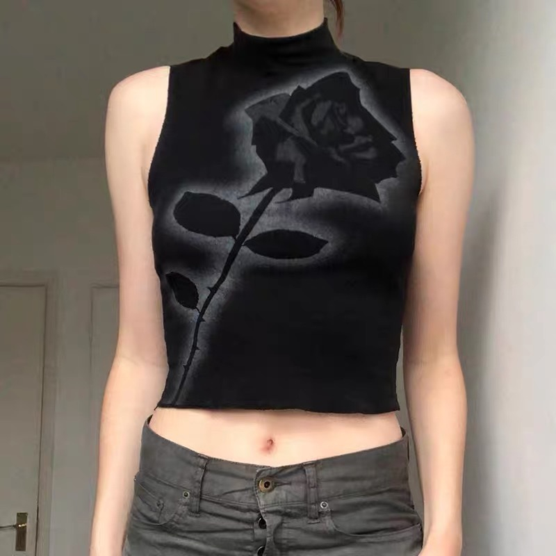 Harajuku style 3D black rose print vest for women