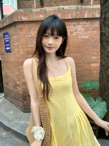 实拍 法式黄色收腰显瘦气质吊带连衣裙