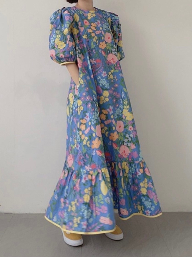 2024 New Korean Style Retro Floral Long Skirt Women's Fashion Casual Printed Temperament Age-Reducing Super Fairy Dress