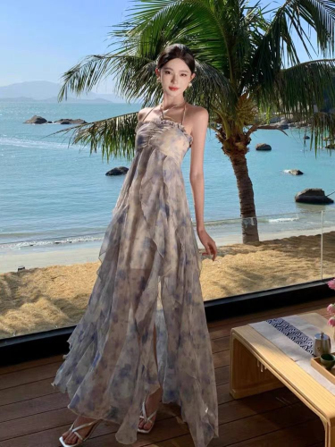 French Ruffle Floral Halter Dress Women's Summer Small Waist Backless Skirt Seaside Vacation Beach Skirt