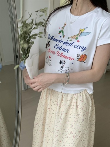 实拍~韩系童趣可爱天使斑点狗印花正肩短袖T恤