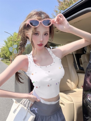 Real shot of American sweet hottie U-neck knitted camisole women's summer pure lust sexy design niche top