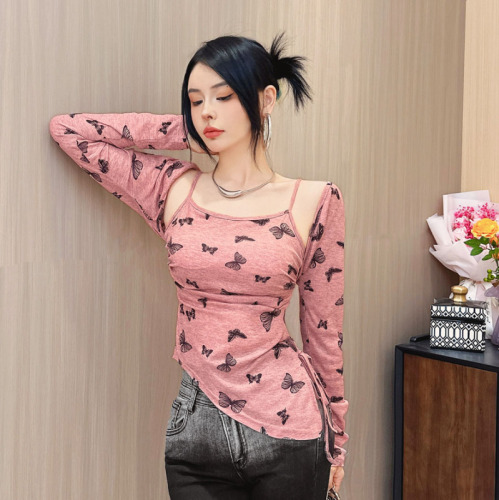 With chest pad - 2024 spring and summer new Korean style temperament printed butterfly cardigan suspender slim long-sleeved T-shirt two-piece set