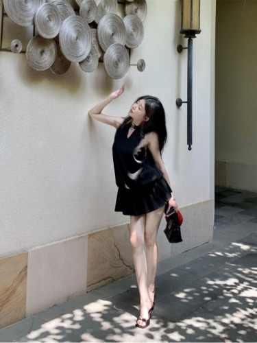 Real shot~Twin Realm Dress Summer Halter French Style Black Backless Short Skirt