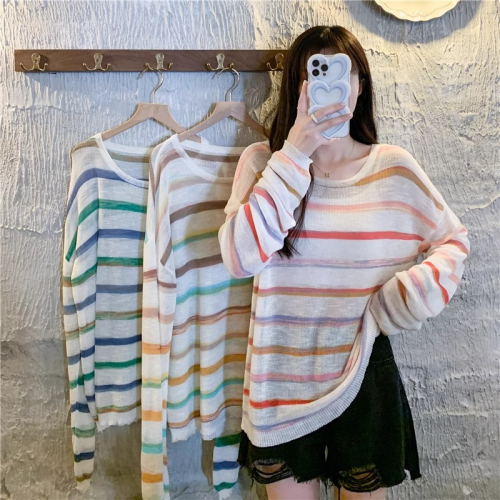2024 new summer thin striped loose slimming ice silk knitted sweater for women with sun protection blouse top